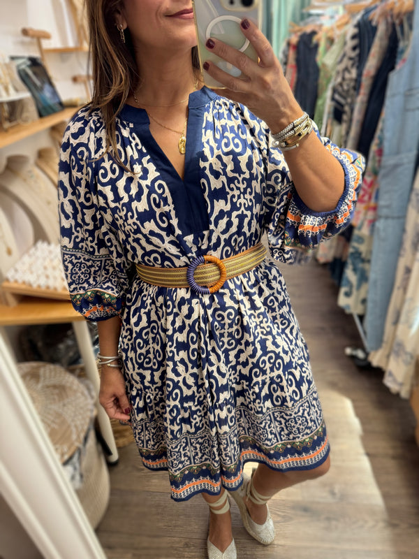 PRE-ORDER Blue Print V-Neck Dress