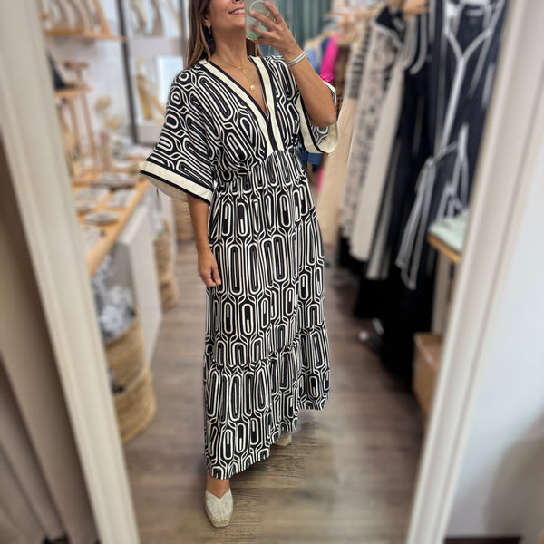 Black Geometric Print Kimono Sleeves Dress