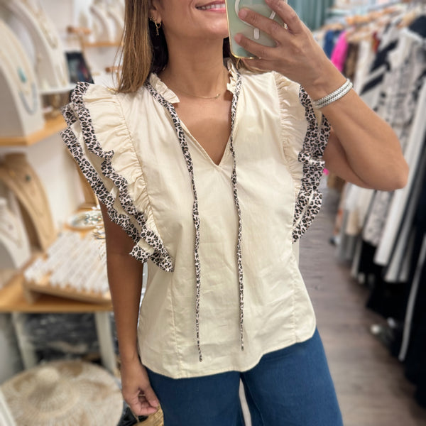 Ivory Trim Detail Ruffled Sleeves Top