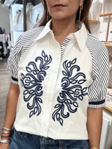 Blue Embroidered Detail Button Down Top