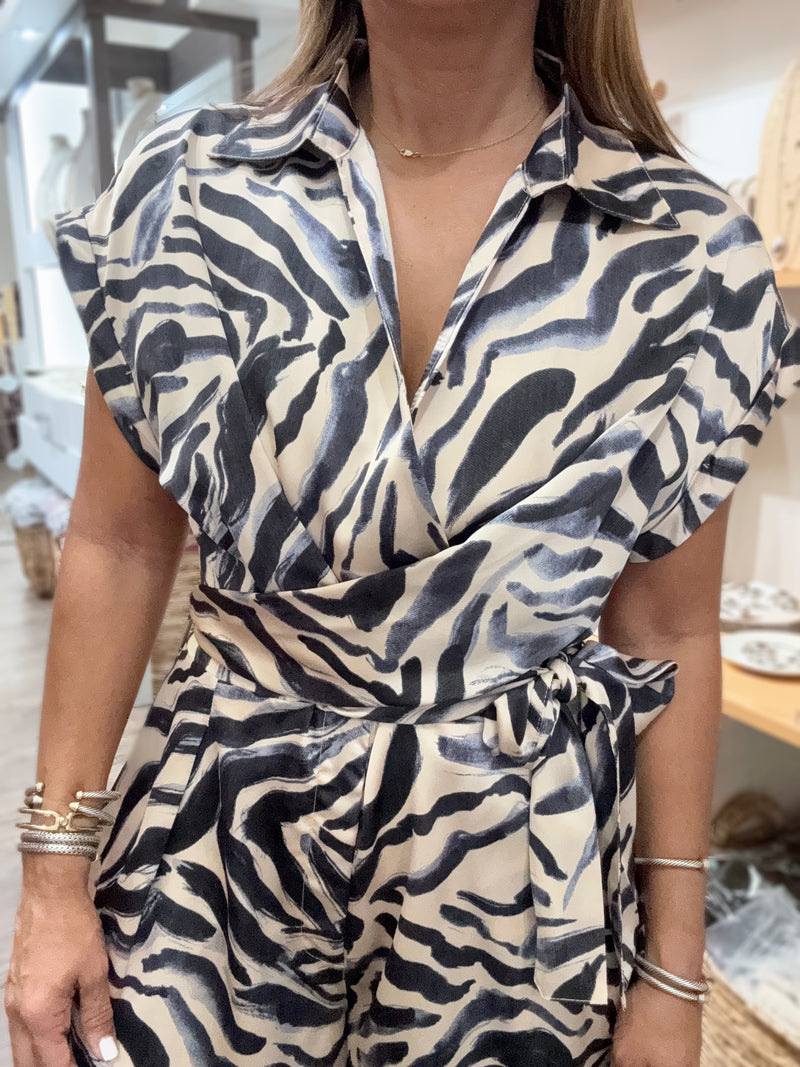 Blue Print Waist Tie Romper