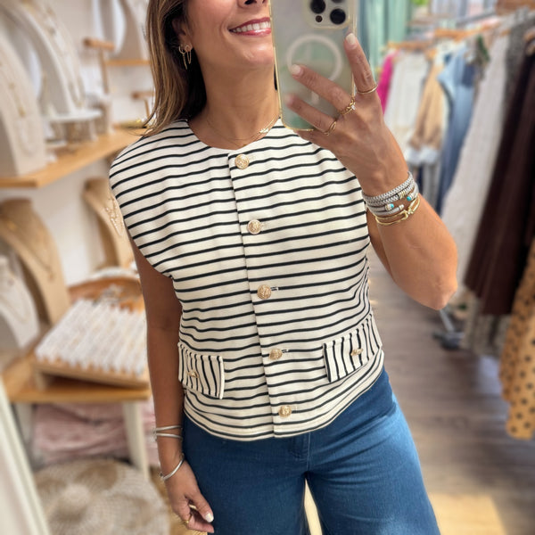 Black Stripes Button Detail Top
