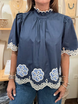Navy Embroidered Scalloped Hem Top