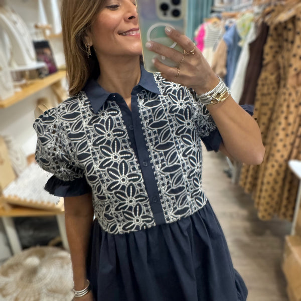 Navy Embroidered Detail Dress