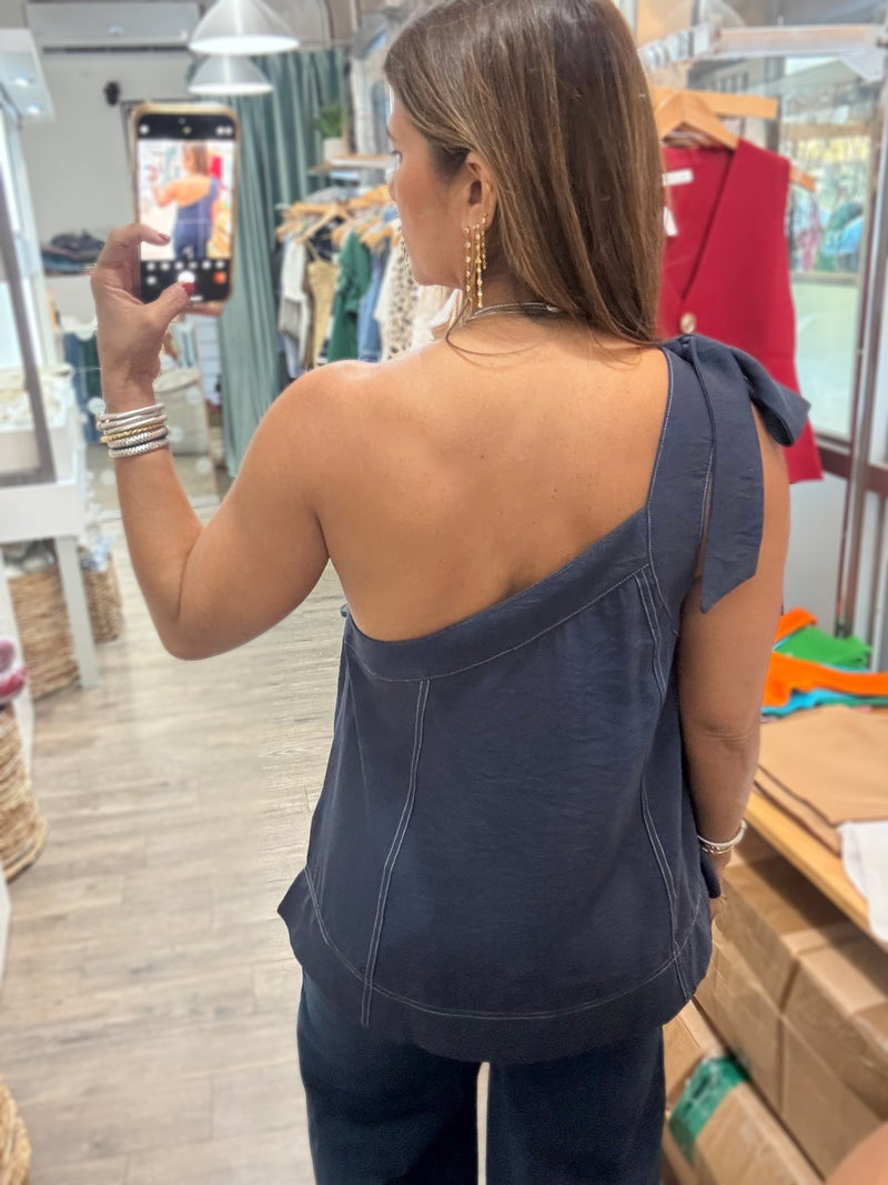 Navy One Shoulder Top