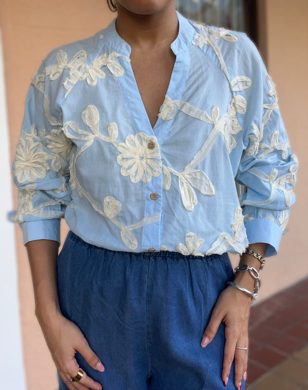 Blue And Ivory Flower Print Top