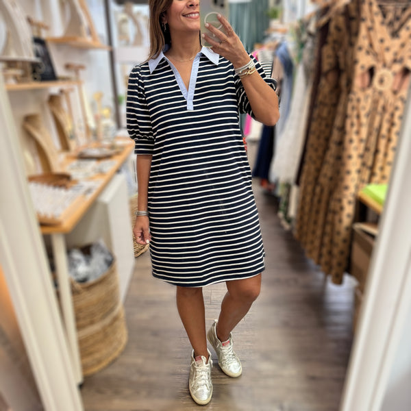 Navy Striped Collared Neck Dress