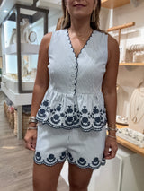 Navy Embroidered Detail Top & Shorts Set