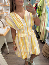 Yellow Mix Pleated Waist Dress