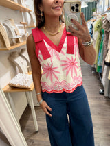 Pink & Red Embroidered Top