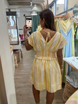 Yellow Mix Pleated Waist Dress