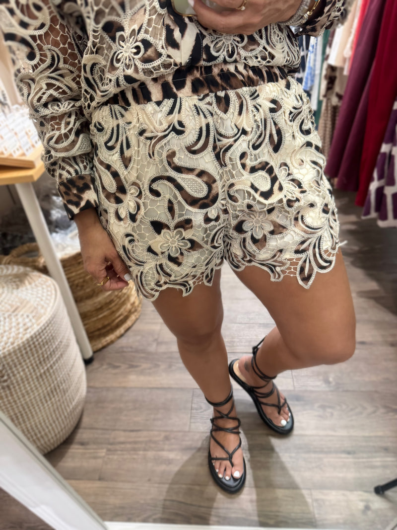 Leopard Print & Lace Top & Shorts Set