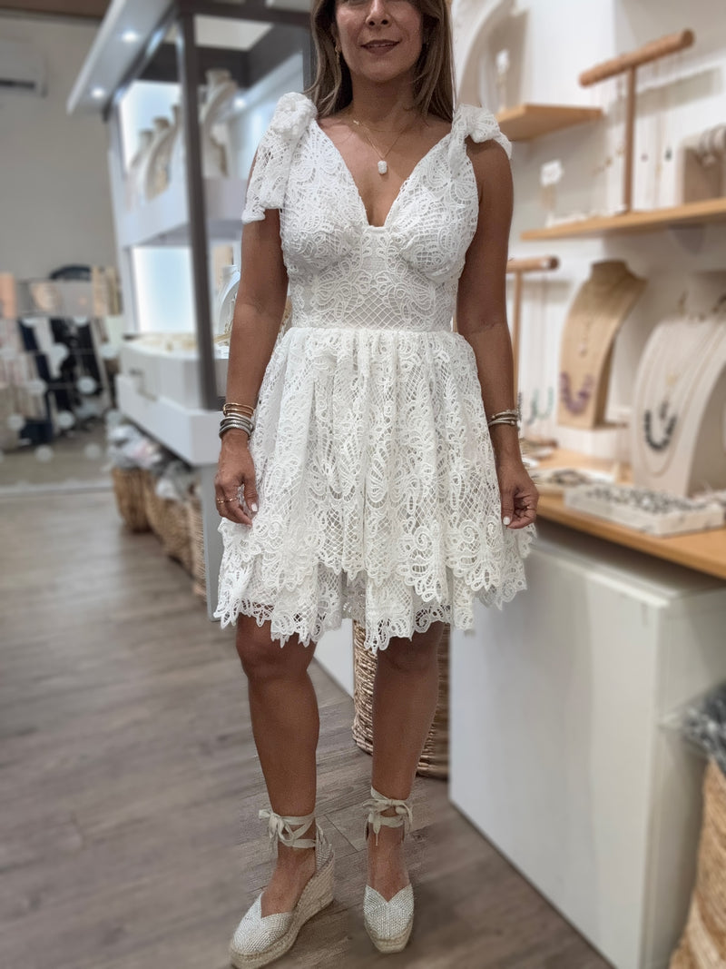 White Lace Shoulder Ties Dress