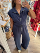 Navy Front Zipper Jumpsuit