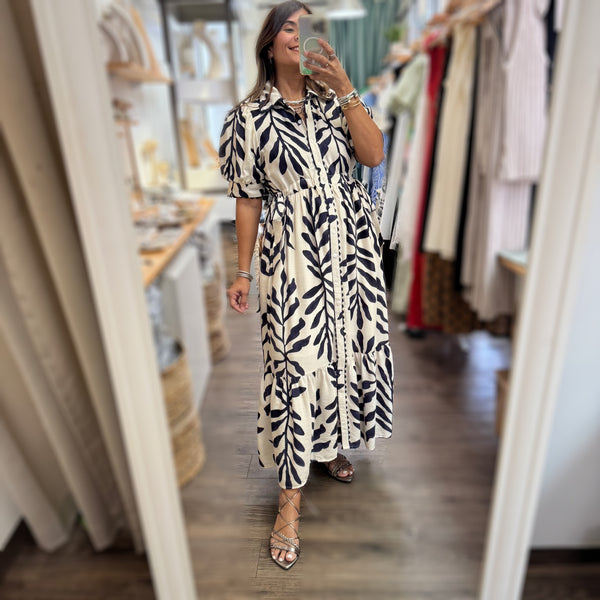 Navy Print Drawstring Waist Dress