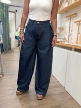 Dark Denim Pleated Detail Jeans