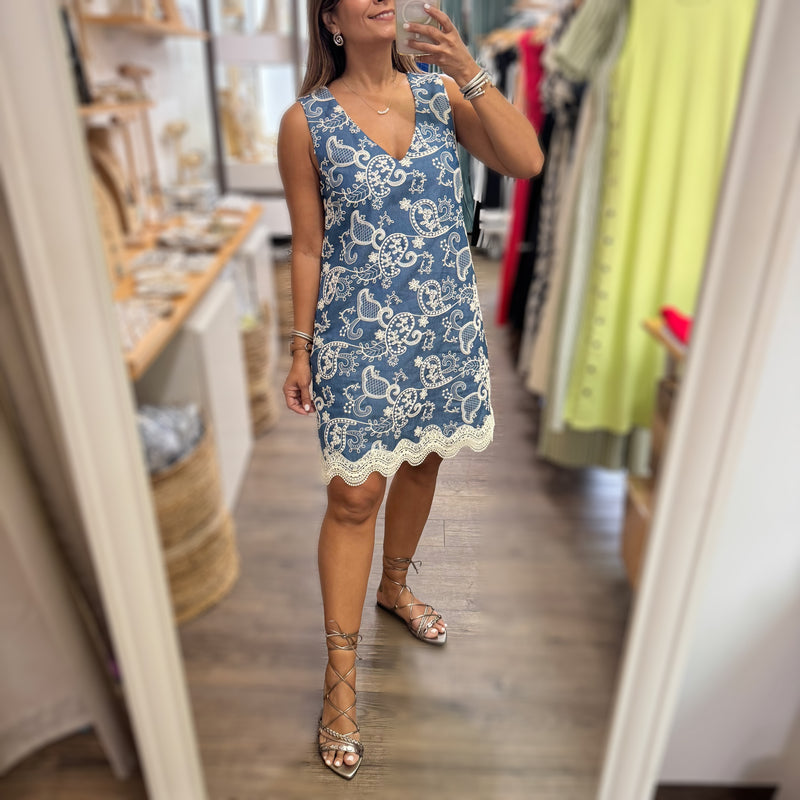 Chambray Embroidered Shift Dress