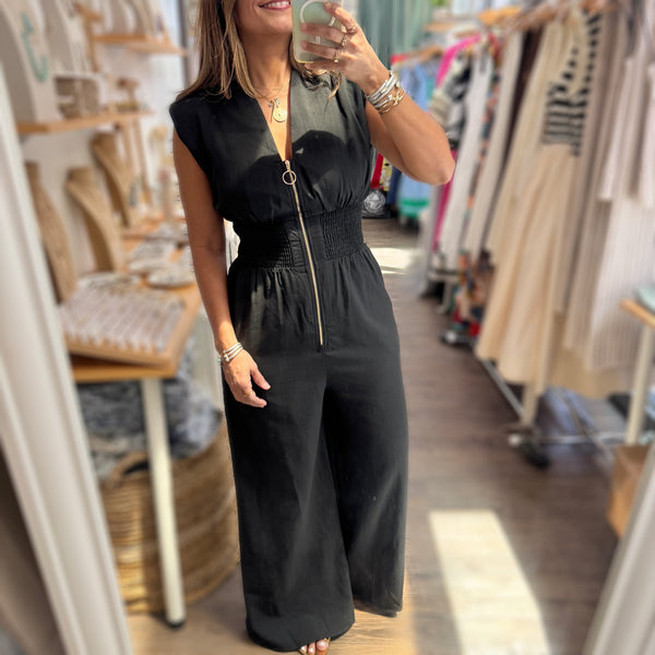 Black Smocked Waist Jumpsuit