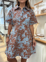 Blue & Brown Print Denim Dress
