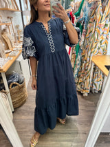 Navy Embroidered Sleeves Tiered Dress