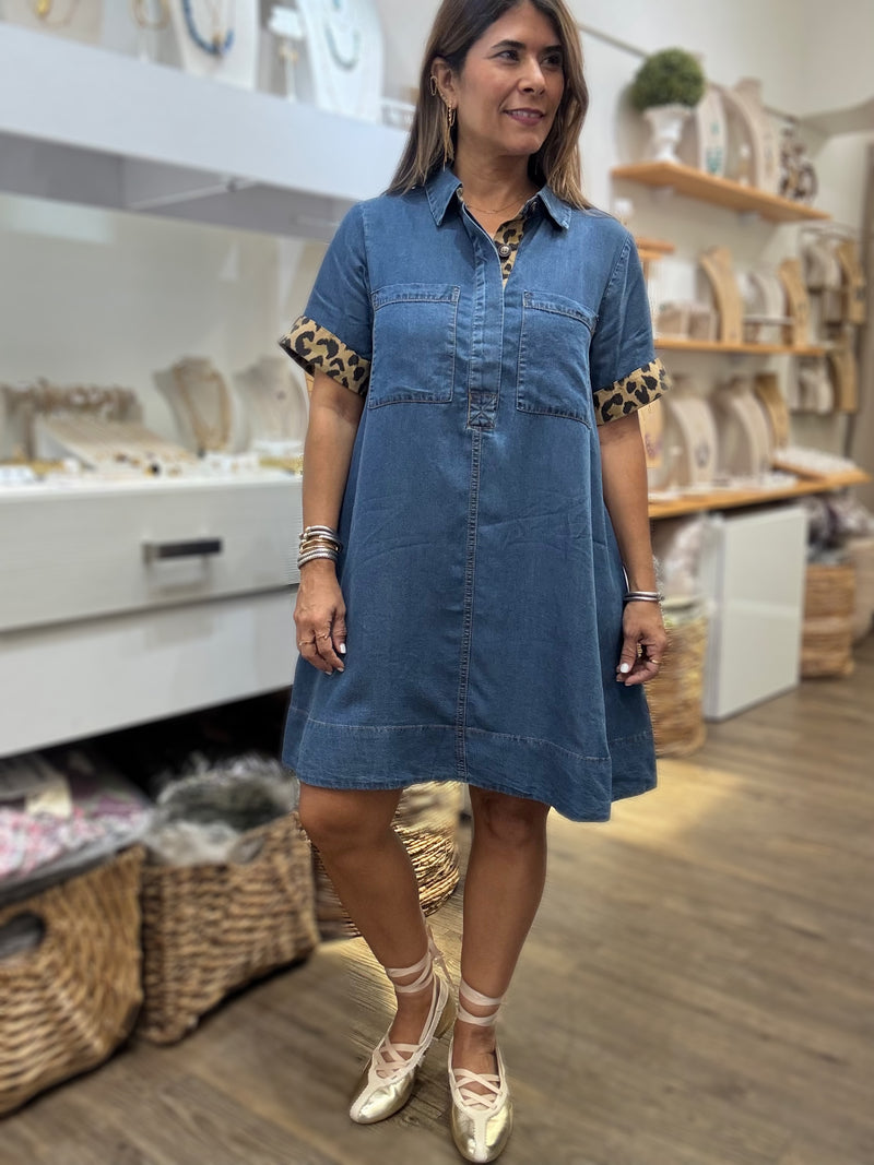 Denim & Leopard Detail Dress