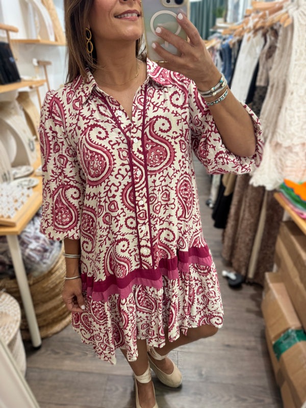 Wine Paisley Print Dress