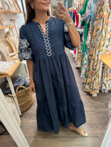 Navy Embroidered Sleeves Tiered Dress