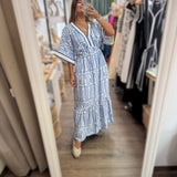 Blue Geometric Print Kimono Sleeves Dress