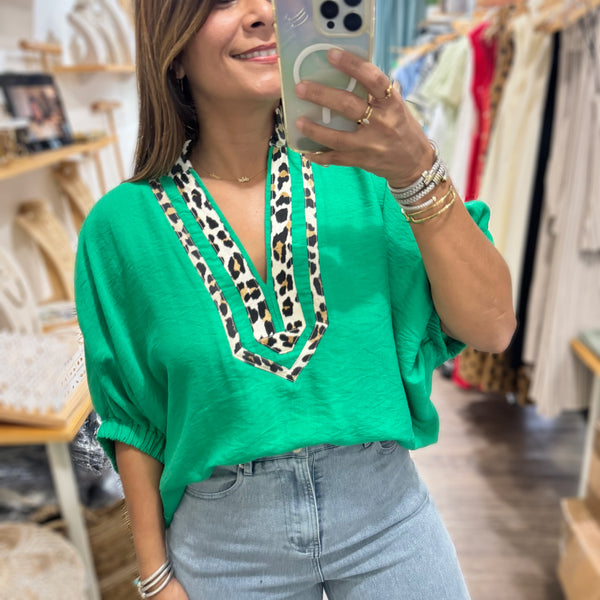 Green Leopard Print Neck Top