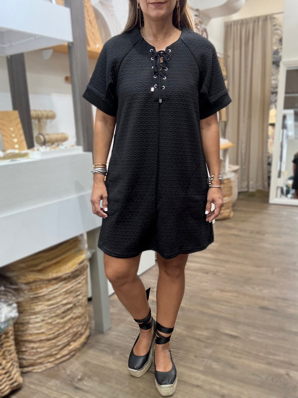 Black Textured Lace-Up Detail Dress
