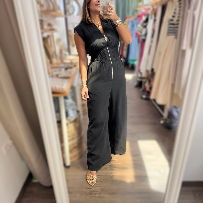 Black Smocked Waist Jumpsuit