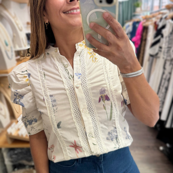 Ivory Lace Detail Print Top