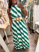 Green & Blue Print Neck Detail Dress