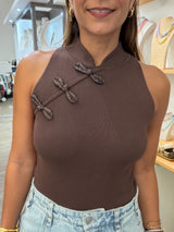 Brown Mandarin Neck Top