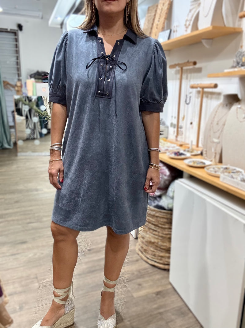 Blue Lace Up Neck Dress