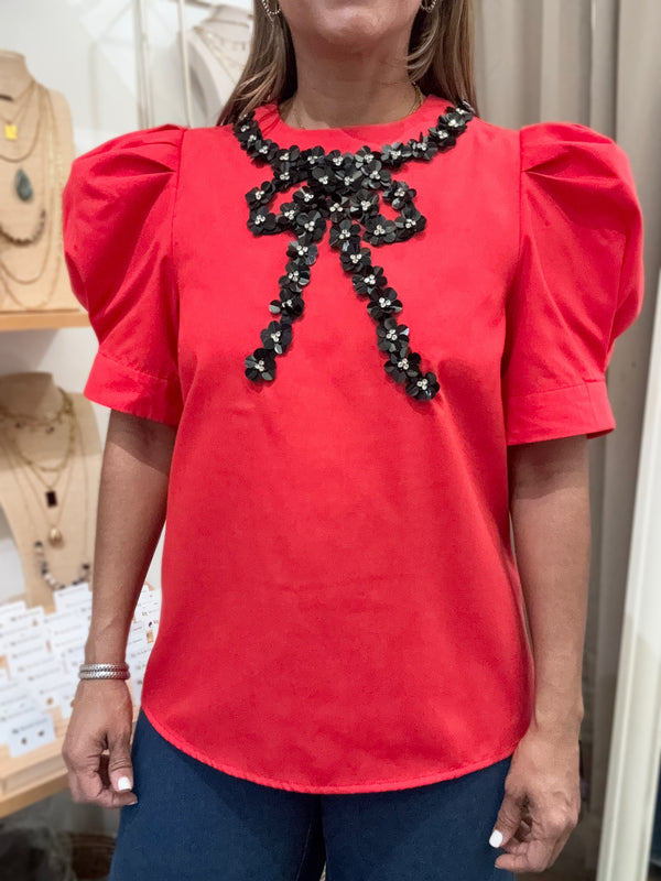 Red Embellished Bow Detail Top