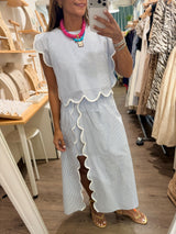 Blue Stripes Scalloped Top & Skirt Set