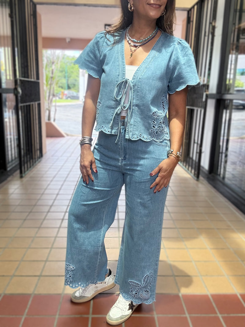 Light Denim Ties Front Top & Pant Set