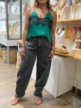 Black Snap Button Hem Barrel Jeans