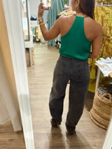 Black Snap Button Hem Barrel Jeans