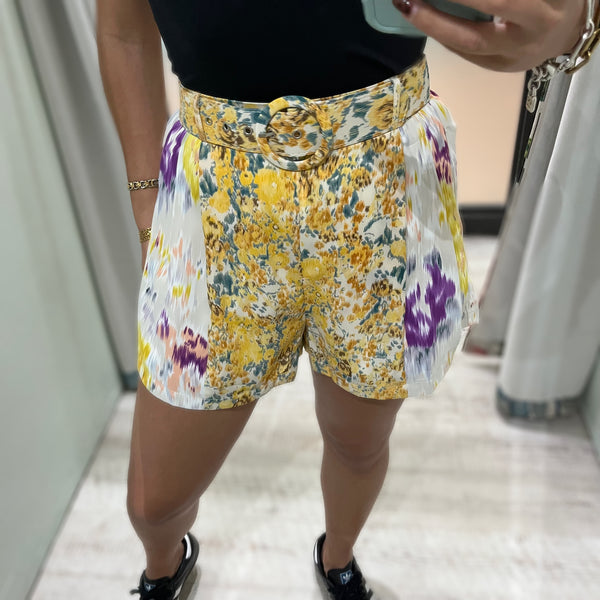 Yellow Mix Belted Shorts