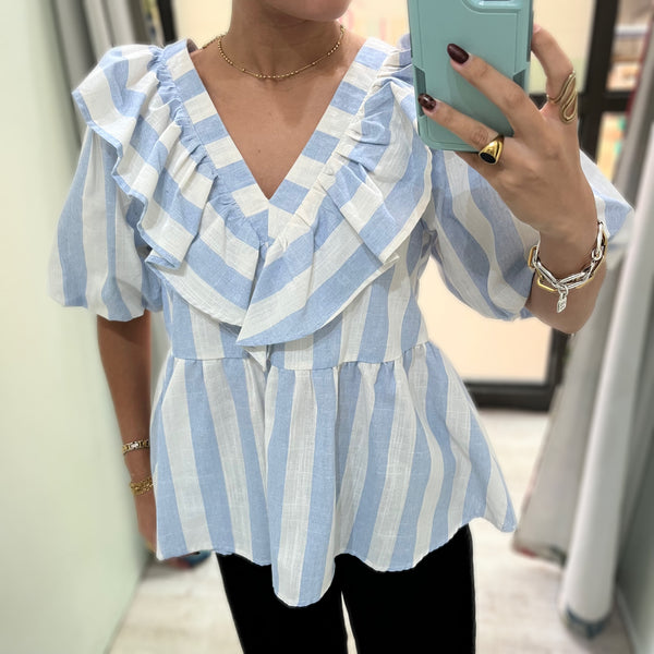 Blue Stripe Ruffled Top