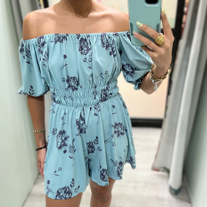 Blue Flower Print Romper