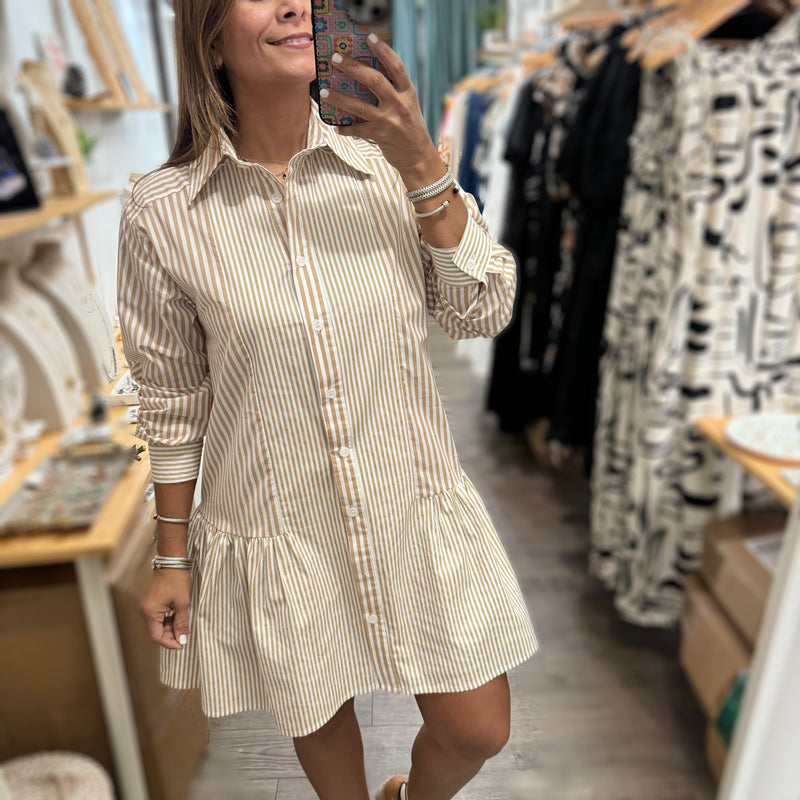 Beige Stripes Shirt Dress - Peplum Clothing