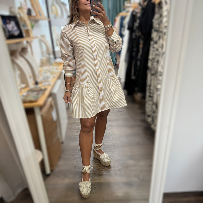 Beige Stripes Shirt Dress - Peplum Clothing