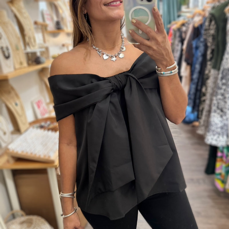 Black Bow Detail Off Shoulder Top - Peplum Clothing