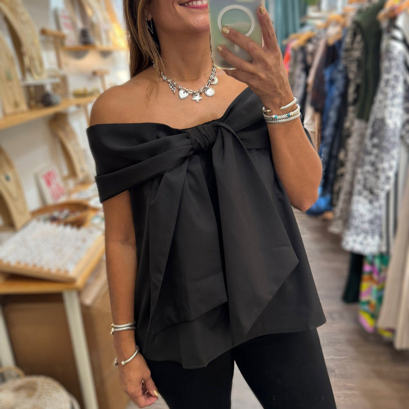 Black Bow Detail Off Shoulder Top - Peplum Clothing