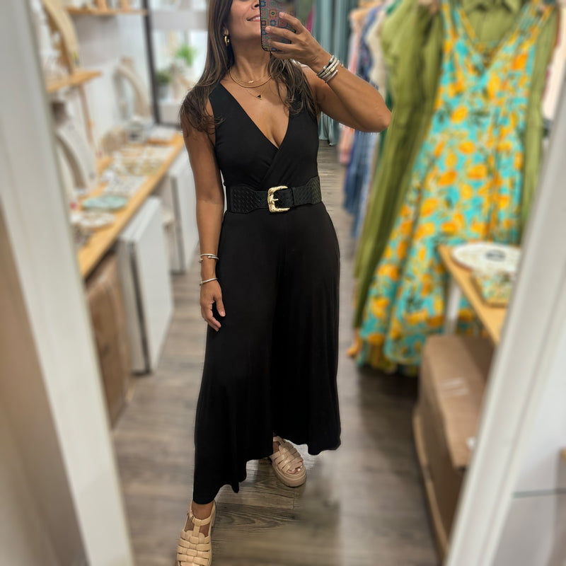 Black Cropped Jumpsuit - Peplum Clothing