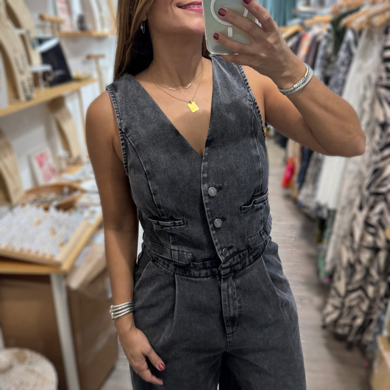 Black Denim Jumpsuit - Peplum Clothing