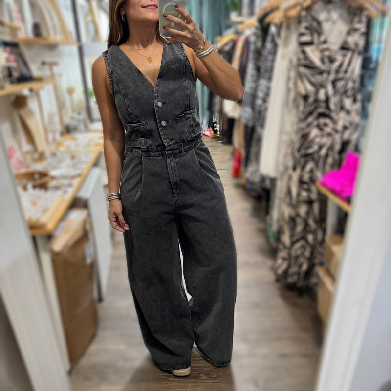 Black Denim Jumpsuit - Peplum Clothing